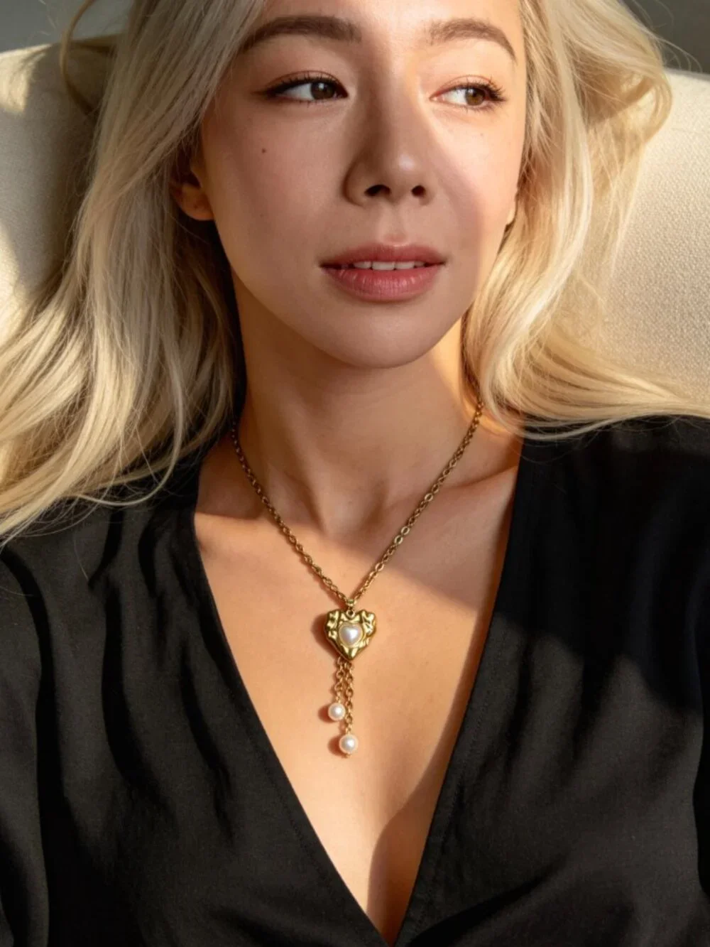 Gold Heart Pearl Drop Necklace Stainless Steel - Picture 8 of 13